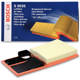 F026400035,S0035,Bosch air filter F026400035 S0035, rectangular automotive engine air filter with pleated paper element and black plastic frame