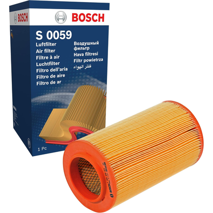 F026400059,S0059,Bosch air filter F026400059 S0059, rectangular automotive engine air filter with pleated paper element and black plastic frame