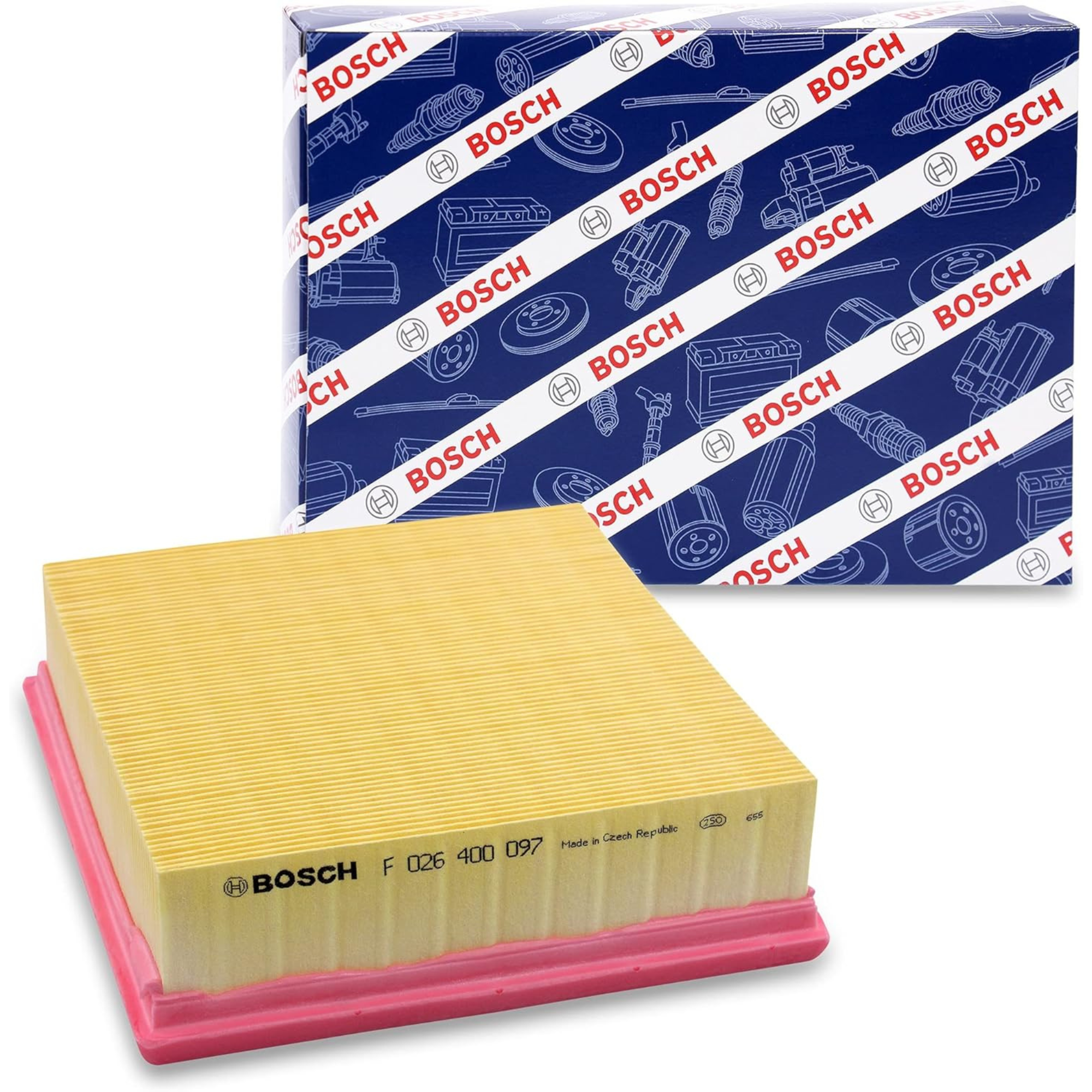 F026400097,S0097,Bosch air filter F026400097 S0097, rectangular automotive engine air filter with pleated paper element and black plastic frame