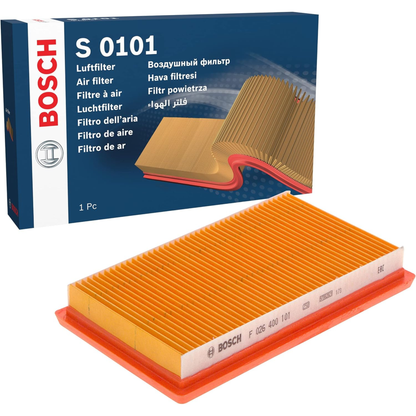 F026400101,S0101,Bosch air filter F026400101 S0101, rectangular automotive engine air filter with pleated paper element and black plastic frame