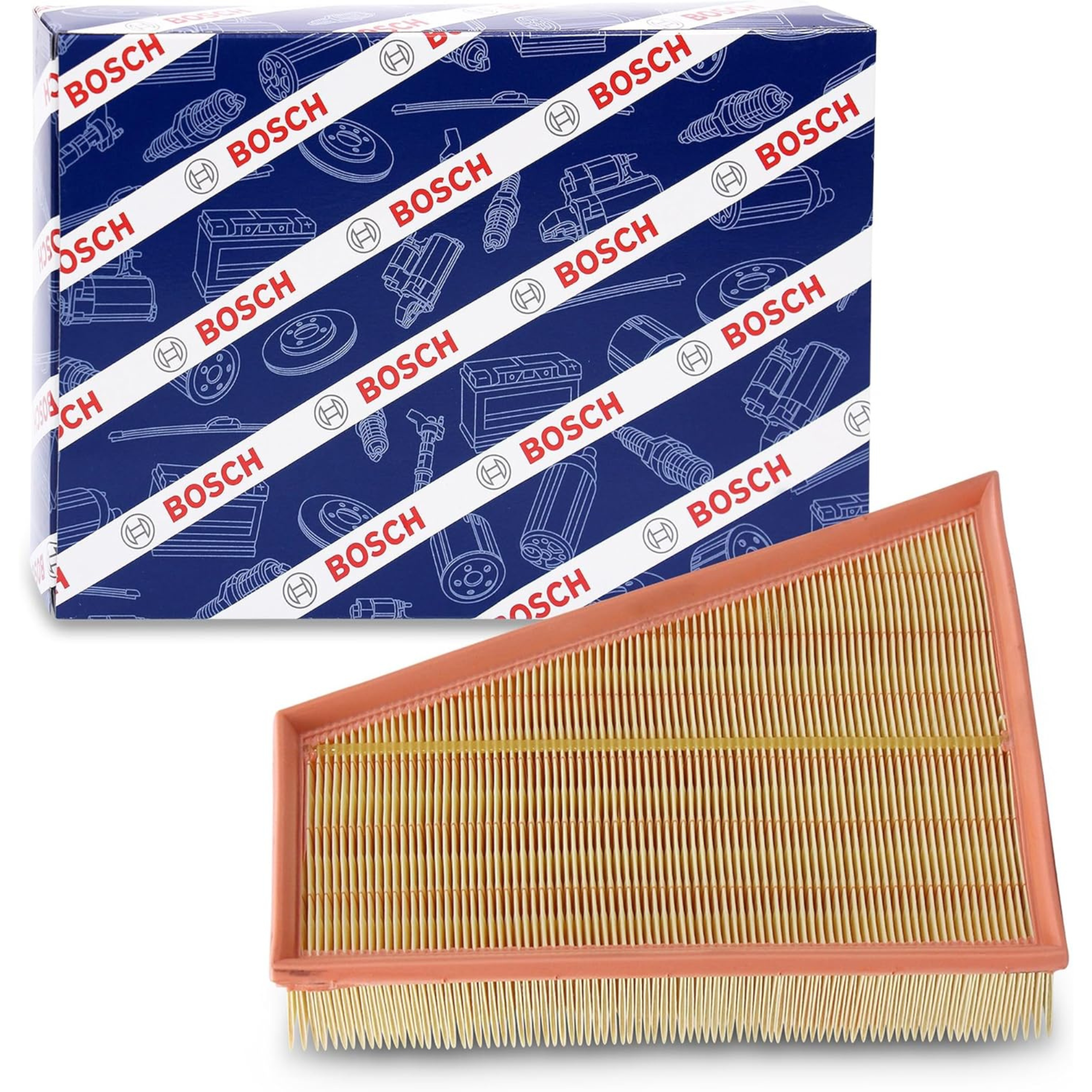 F026400109,S0109,Bosch air filter F026400109 S0109, rectangular automotive engine air filter with pleated paper element and black plastic frame