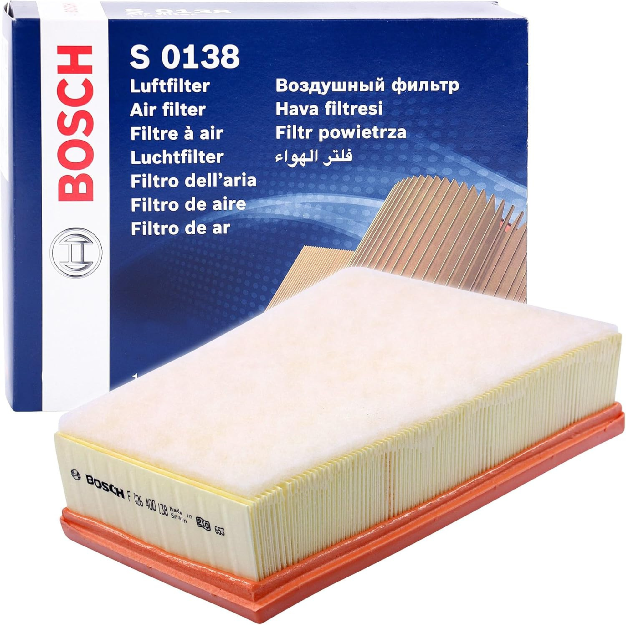 F026400138,S0138,Bosch air filter F026400138 S0138, rectangular automotive engine air filter with pleated paper element and black plastic frame