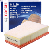 F026400138,S0138,Bosch air filter F026400138 S0138, rectangular automotive engine air filter with pleated paper element and black plastic frame