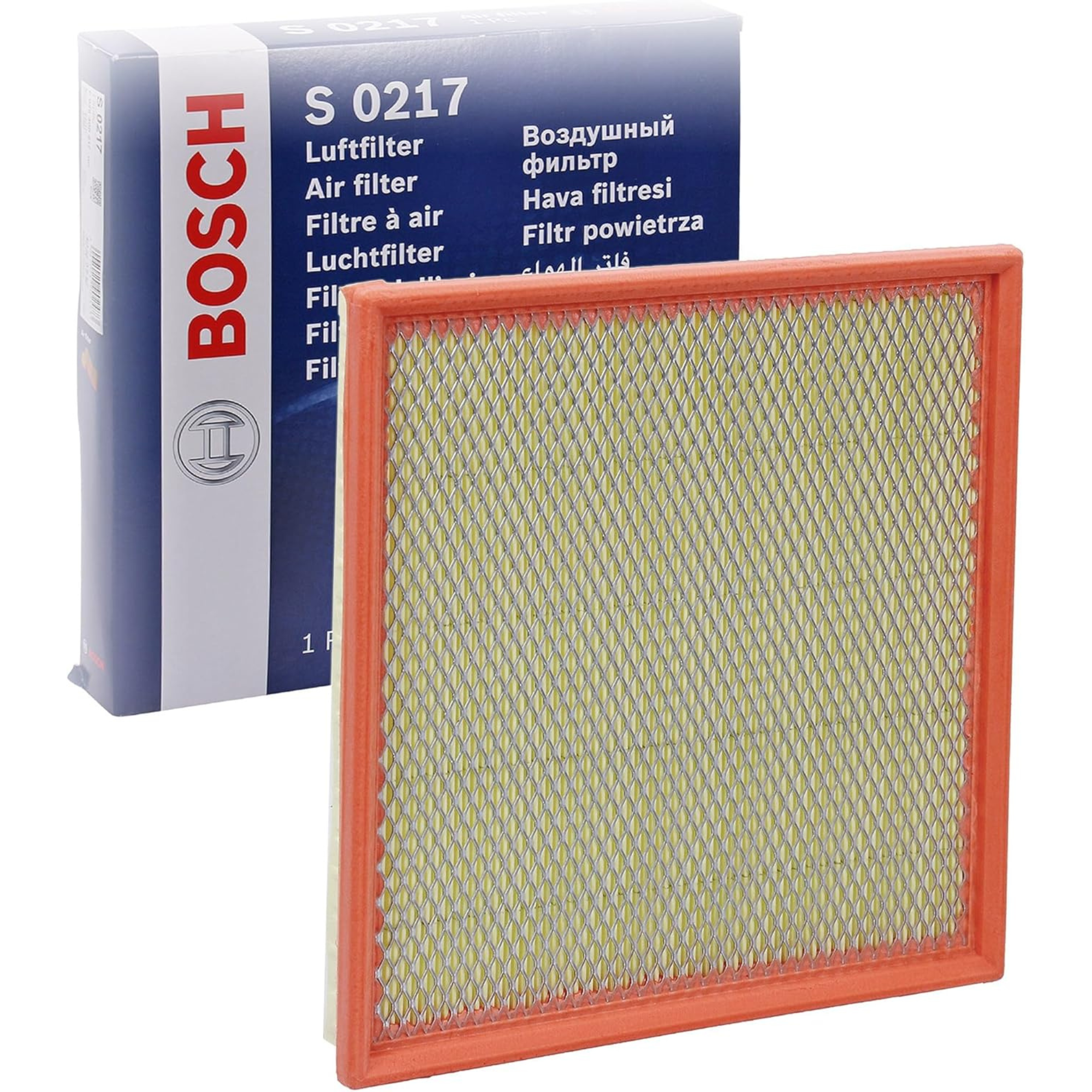 F026400217,S0217,Bosch air filter F026400217 S0217, rectangular automotive engine air filter with pleated paper element and black plastic frame