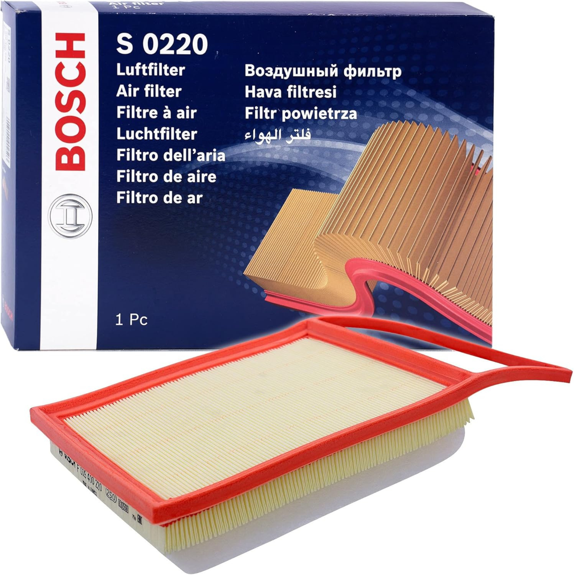 F026400220,S0220,Bosch air filter F026400220 S0220, rectangular automotive engine air filter with pleated paper element and black plastic frame