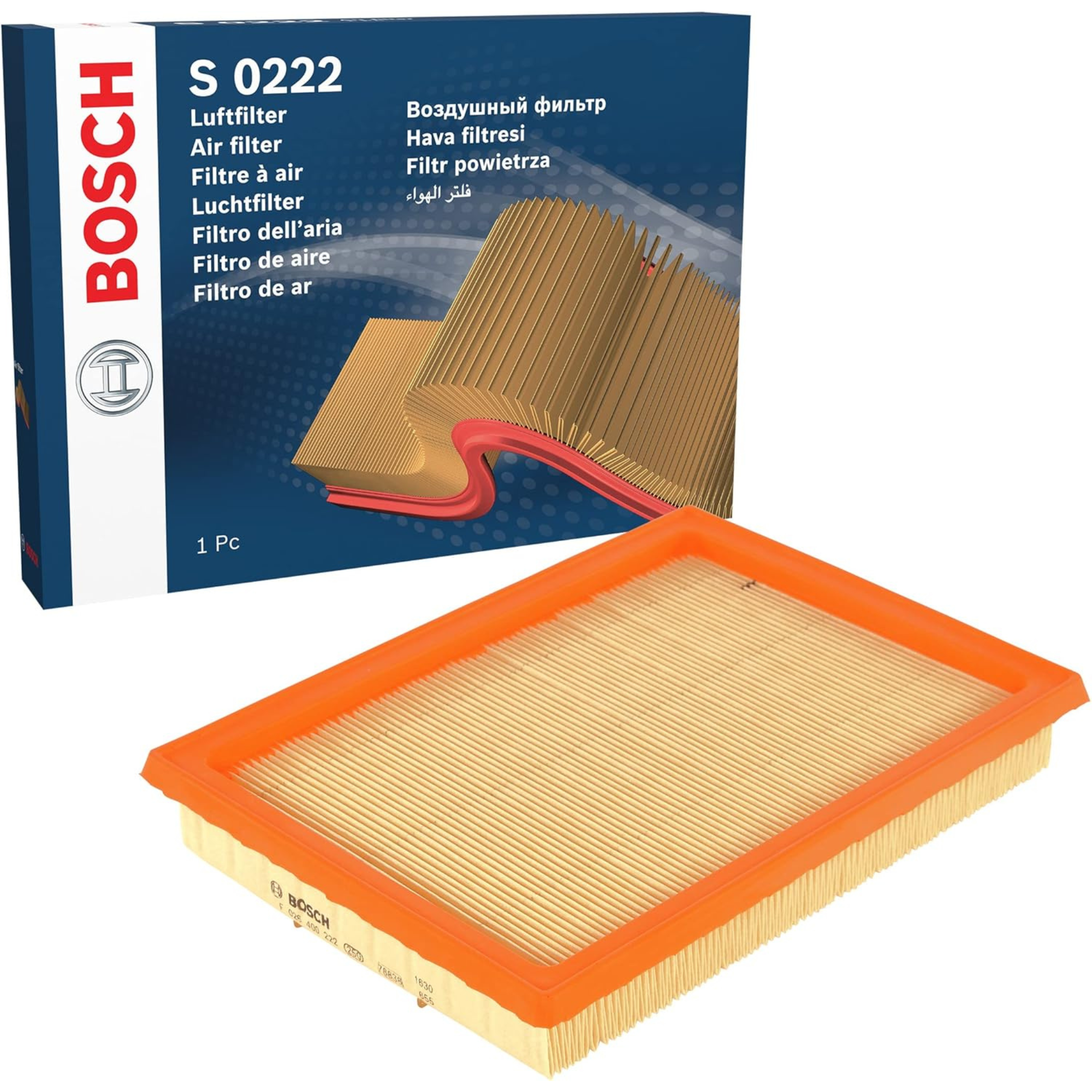 F026400222,S0222,Bosch air filter F026400222 S0222, rectangular automotive engine air filter with pleated paper element and black plastic frame