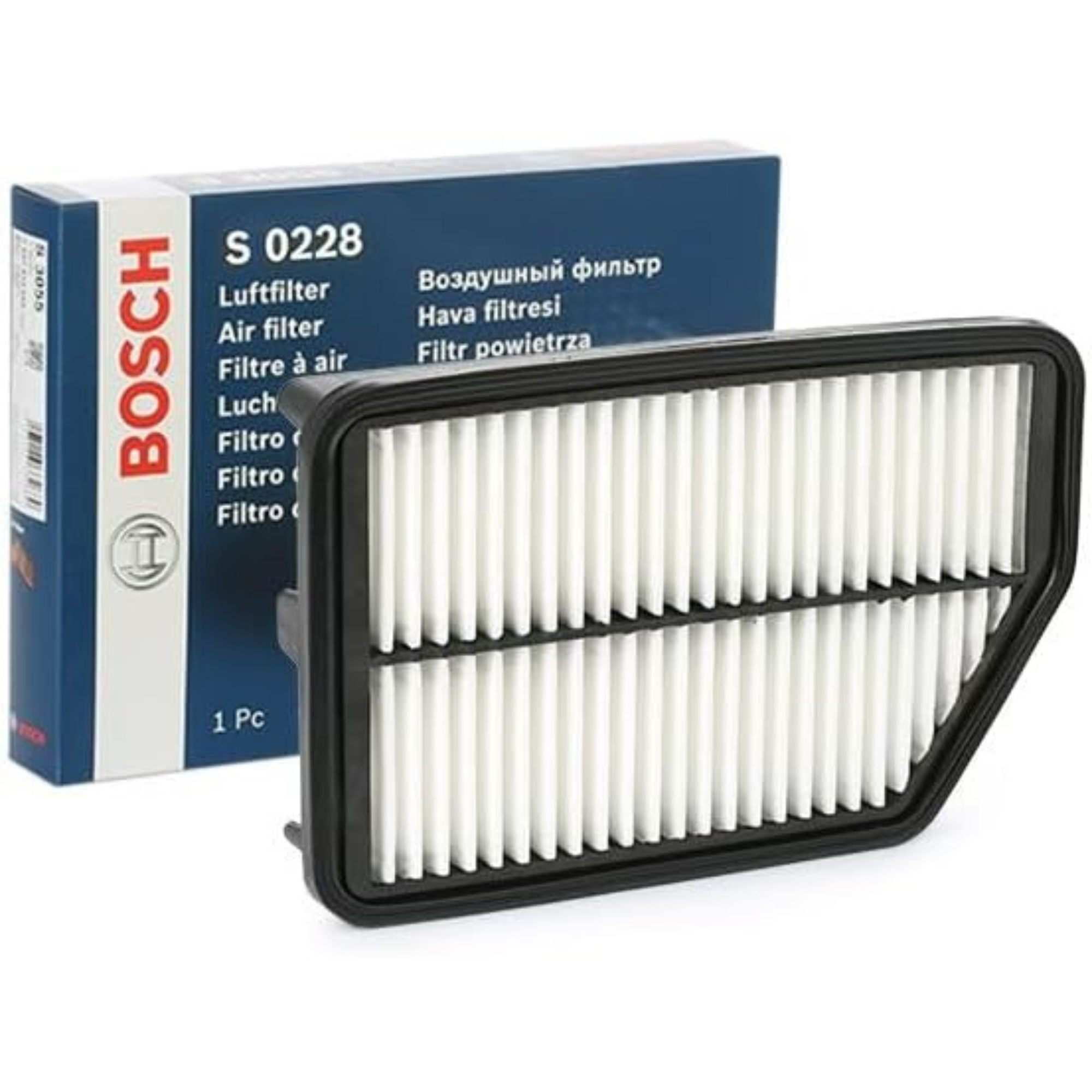 F026400228,S0228,Bosch air filter F026400228 S0228, rectangular automotive engine air filter with pleated paper element and black plastic frame