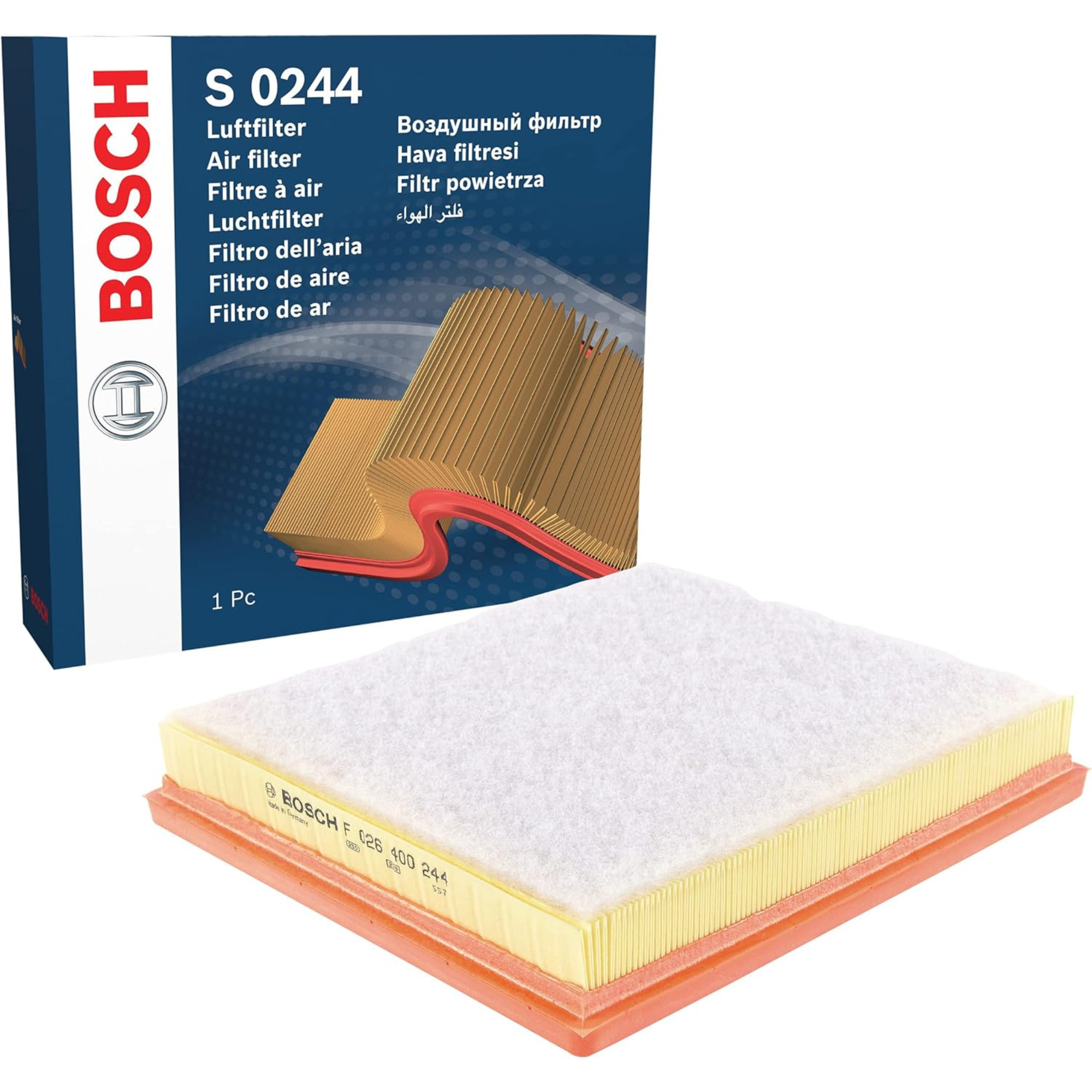 F026400244,S0244,Bosch air filter F026400244 S0244, rectangular automotive engine air filter with pleated paper element and black plastic frame
