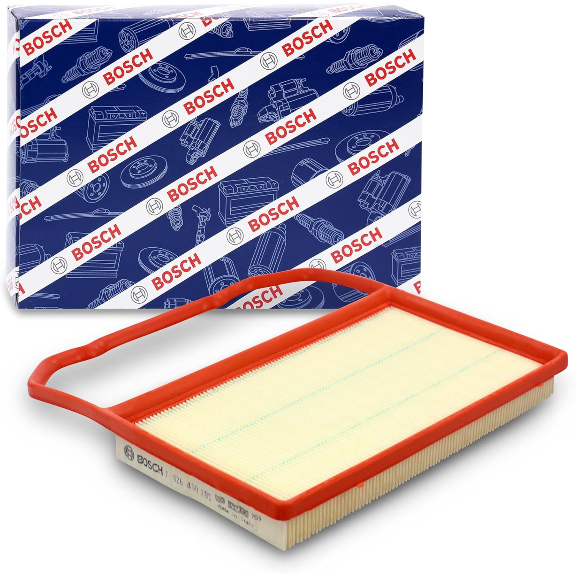 F026400285,S0285,Bosch air filter F026400285 S0285, rectangular automotive engine air filter with pleated paper element and black plastic frame