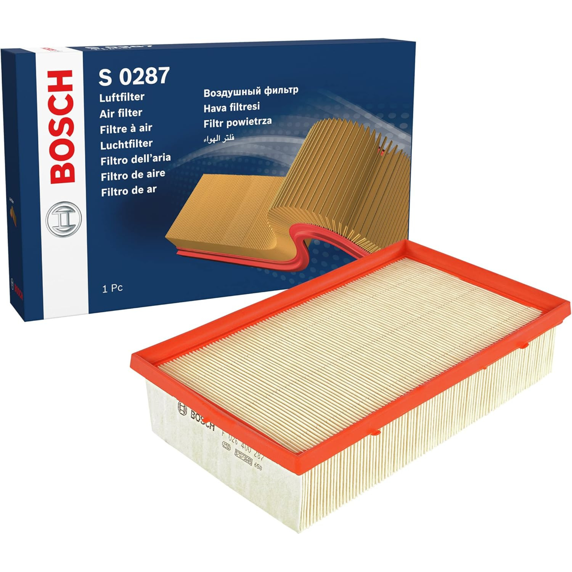 F026400287,S0287,Bosch air filter F026400287 S0287, rectangular automotive engine air filter with pleated paper element and black plastic frame