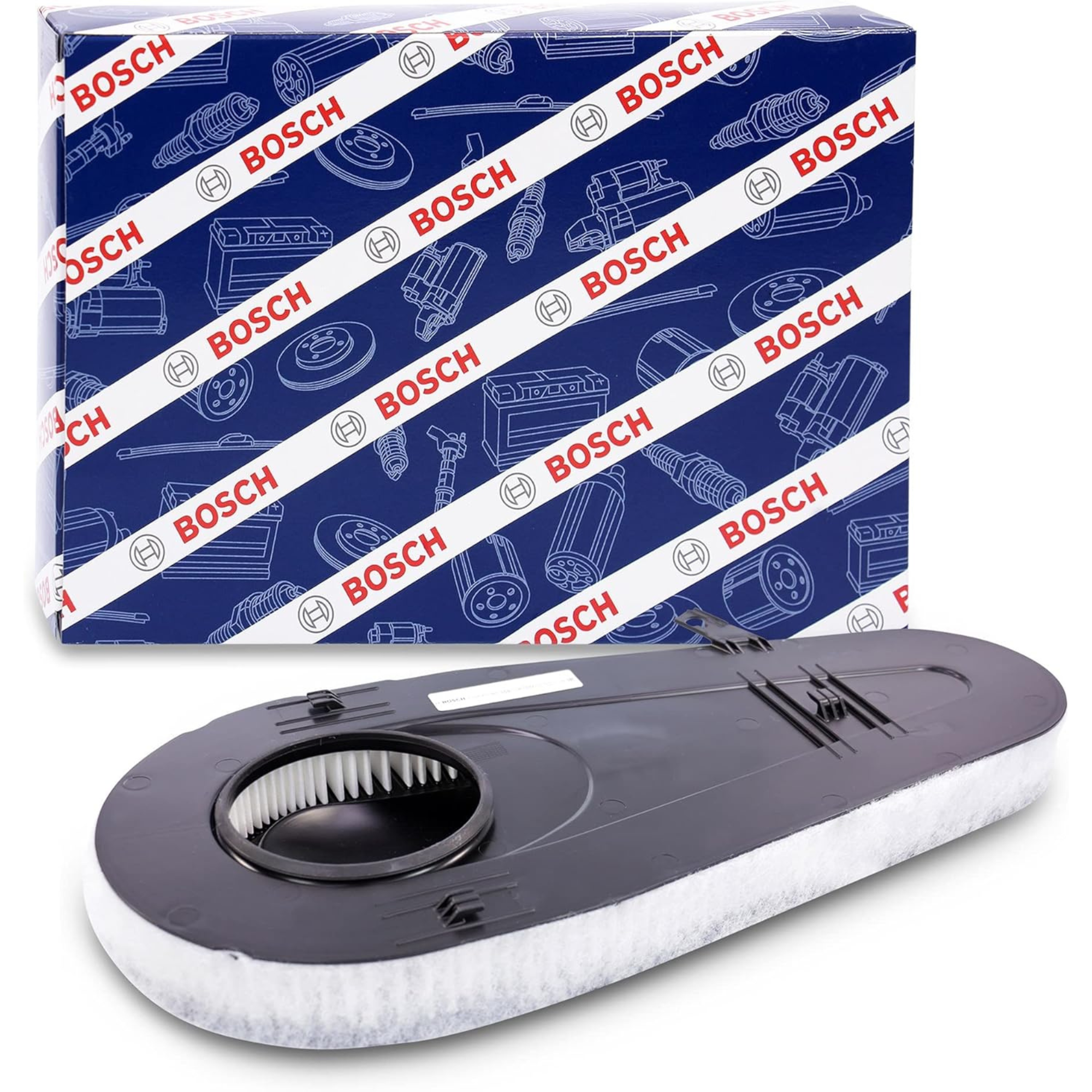 F026400365,S0365,Bosch air filter F026400365 S0365, rectangular automotive engine air filter with pleated paper element and black plastic frame