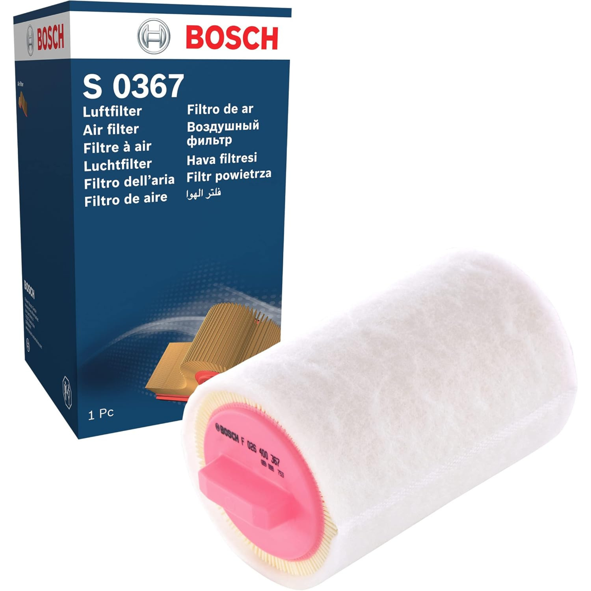 F026400367,S0367,Bosch air filter F026400367 S0367, rectangular automotive engine air filter with pleated paper element and black plastic frame