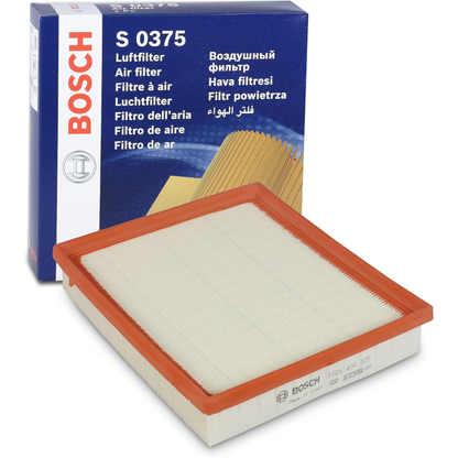 F026400375,S0375,Bosch air filter F026400375 S0375, rectangular automotive engine air filter with pleated paper element and black plastic frame