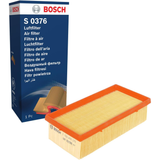 F026400376,S0376,Bosch air filter F026400376 S0376, rectangular automotive engine air filter with pleated paper element and black plastic frame