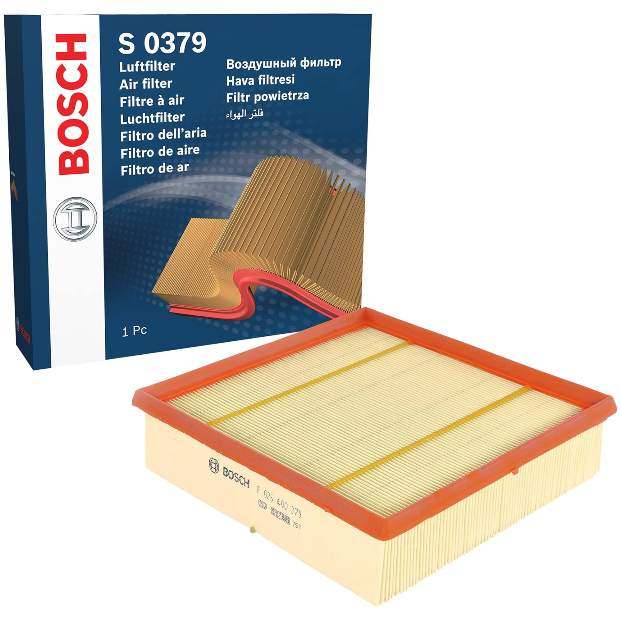 F026400379,S0379,Bosch air filter F026400379 S0379, rectangular automotive engine air filter with pleated paper element and black plastic frame