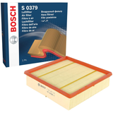 F026400379,S0379,Bosch air filter F026400379 S0379, rectangular automotive engine air filter with pleated paper element and black plastic frame