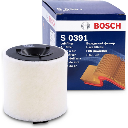 F026400391,S0391,Bosch air filter F026400391 S0391, rectangular automotive engine air filter with pleated paper element and black plastic frame