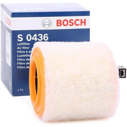 F026400436,S0436,Bosch air filter F026400436 S0436, rectangular automotive engine air filter with pleated paper element and black plastic frame