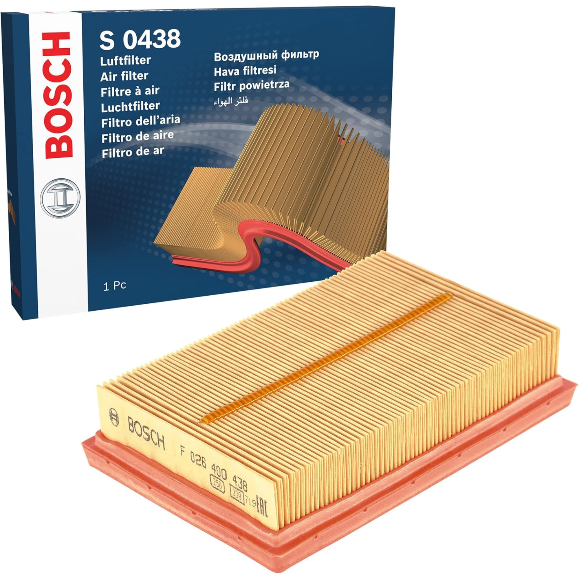 F026400438,S0438,Bosch air filter F026400438 S0438, rectangular automotive engine air filter with pleated paper element and black plastic frame