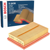 F026400438,S0438,Bosch air filter F026400438 S0438, rectangular automotive engine air filter with pleated paper element and black plastic frame