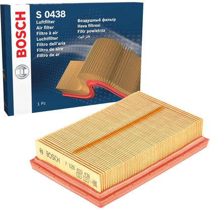 F026400438,S0438,Bosch air filter F026400438 S0438, rectangular automotive engine air filter with pleated paper element and black plastic frame