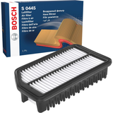 F026400445,S0445,Bosch air filter F026400445 S0445, rectangular automotive engine air filter with pleated paper element and black plastic frame
