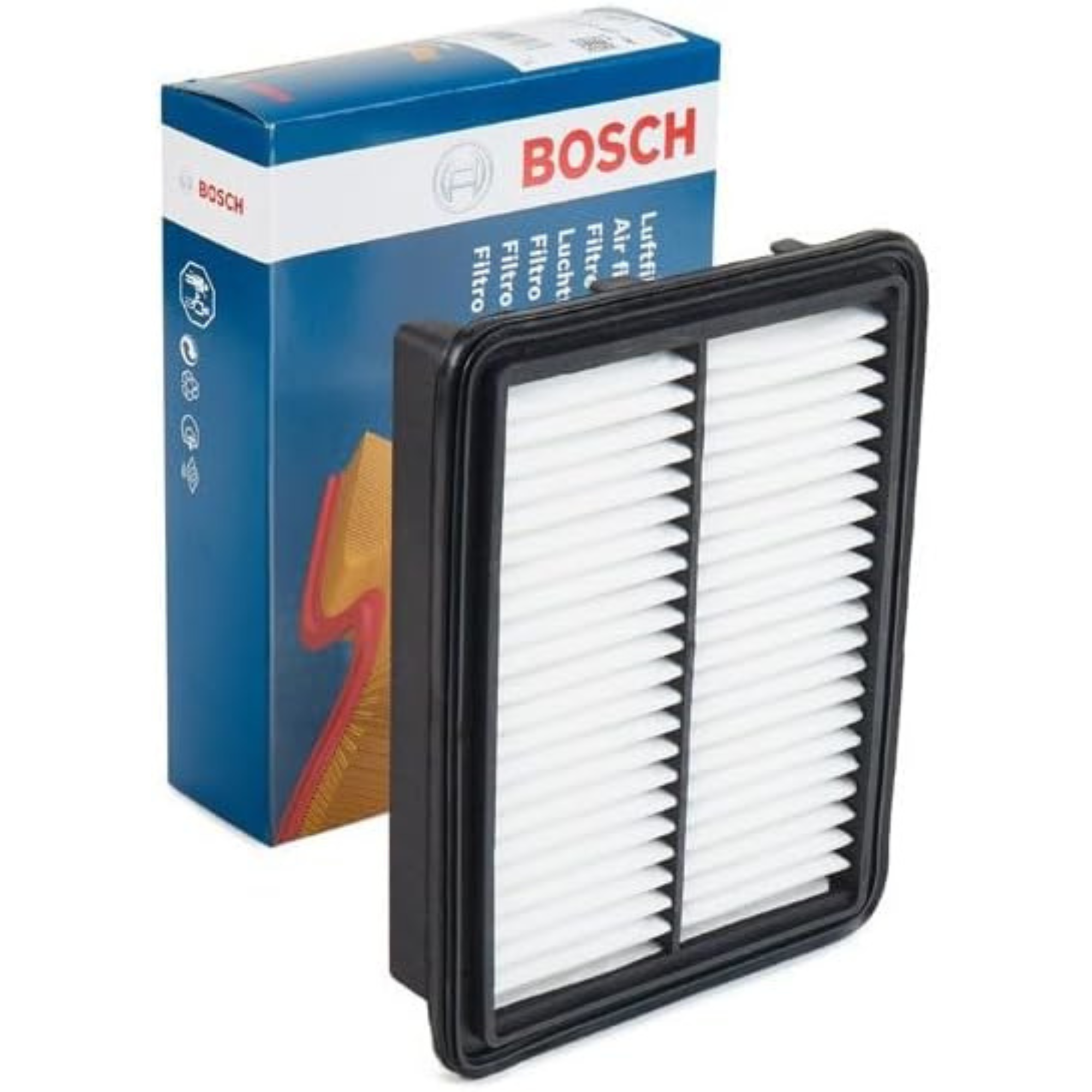 F026400457,S0457,Bosch air filter F026400457 S0457, rectangular automotive engine air filter with pleated paper element and black plastic frame