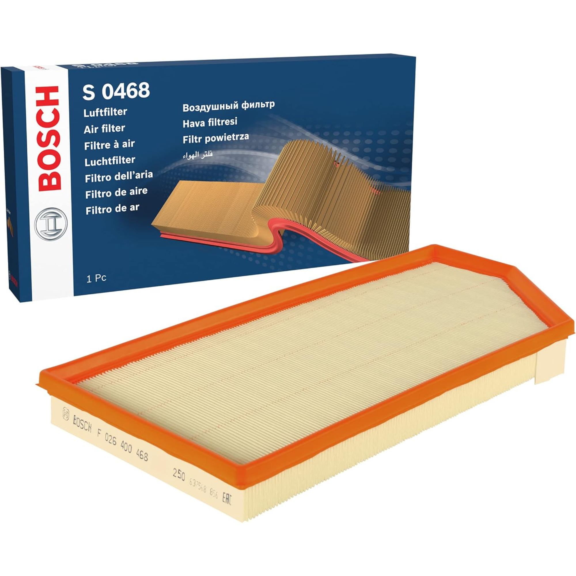 F026400468,S0468,Bosch air filter F026400468 S0468, rectangular automotive engine air filter with pleated paper element and black plastic frame