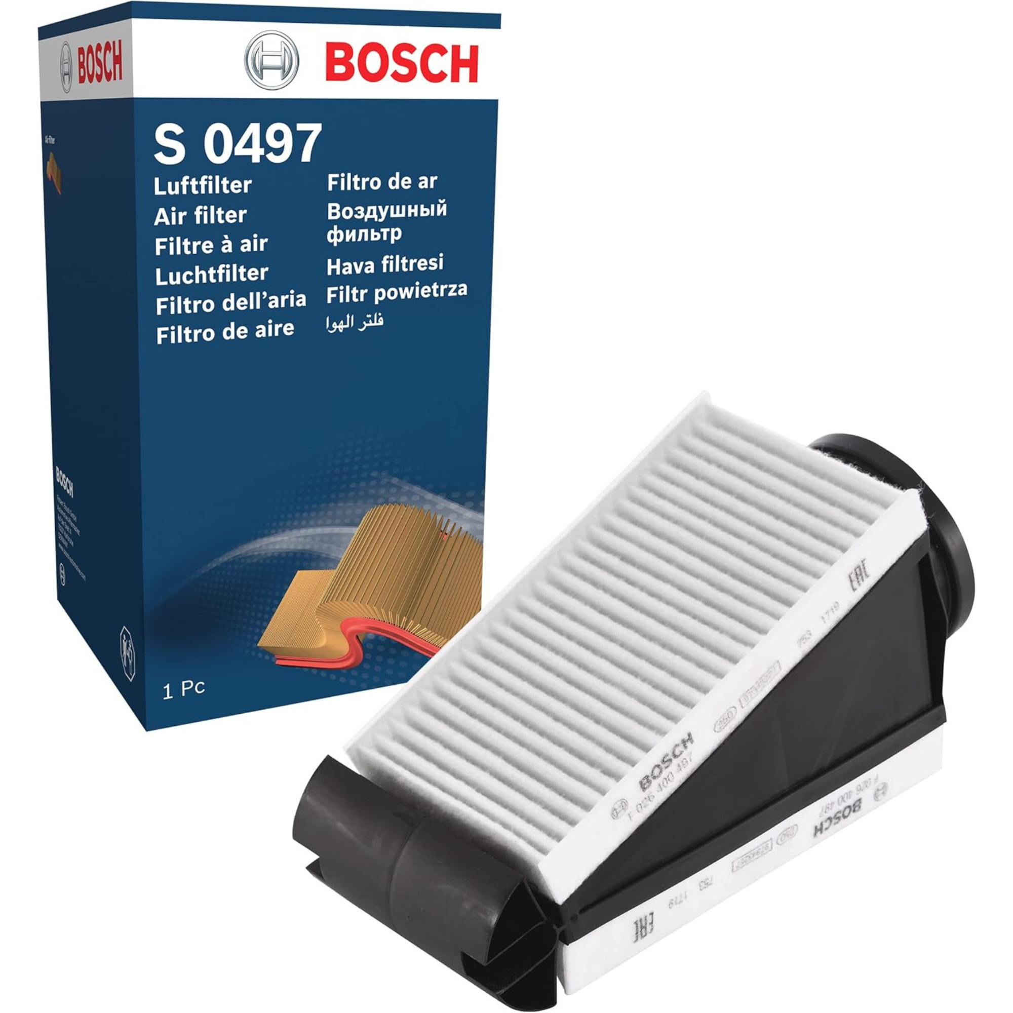 F026400624,S0624,Bosch air filter F026400624 S0624, rectangular automotive engine air filter with pleated paper element and black plastic frame