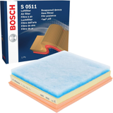 F026400511,S0511,Bosch air filter F026400511 S0511, rectangular automotive engine air filter with pleated paper element and black plastic frame