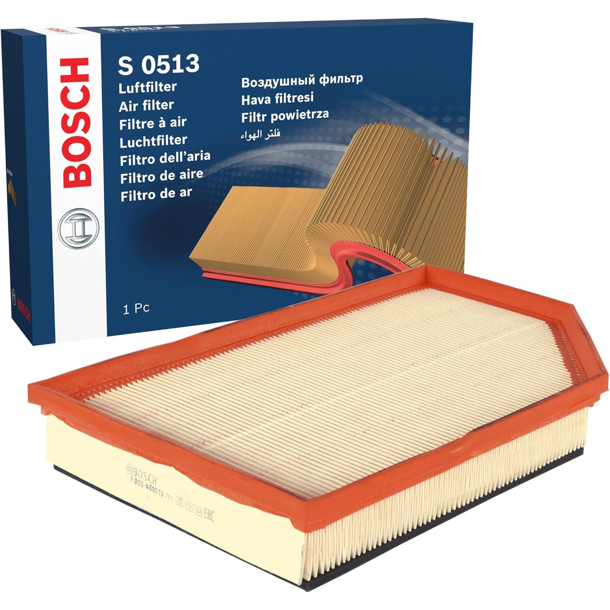 F026400513,S0513,Bosch air filter F026400513 S0513, rectangular automotive engine air filter with pleated paper element and black plastic frame