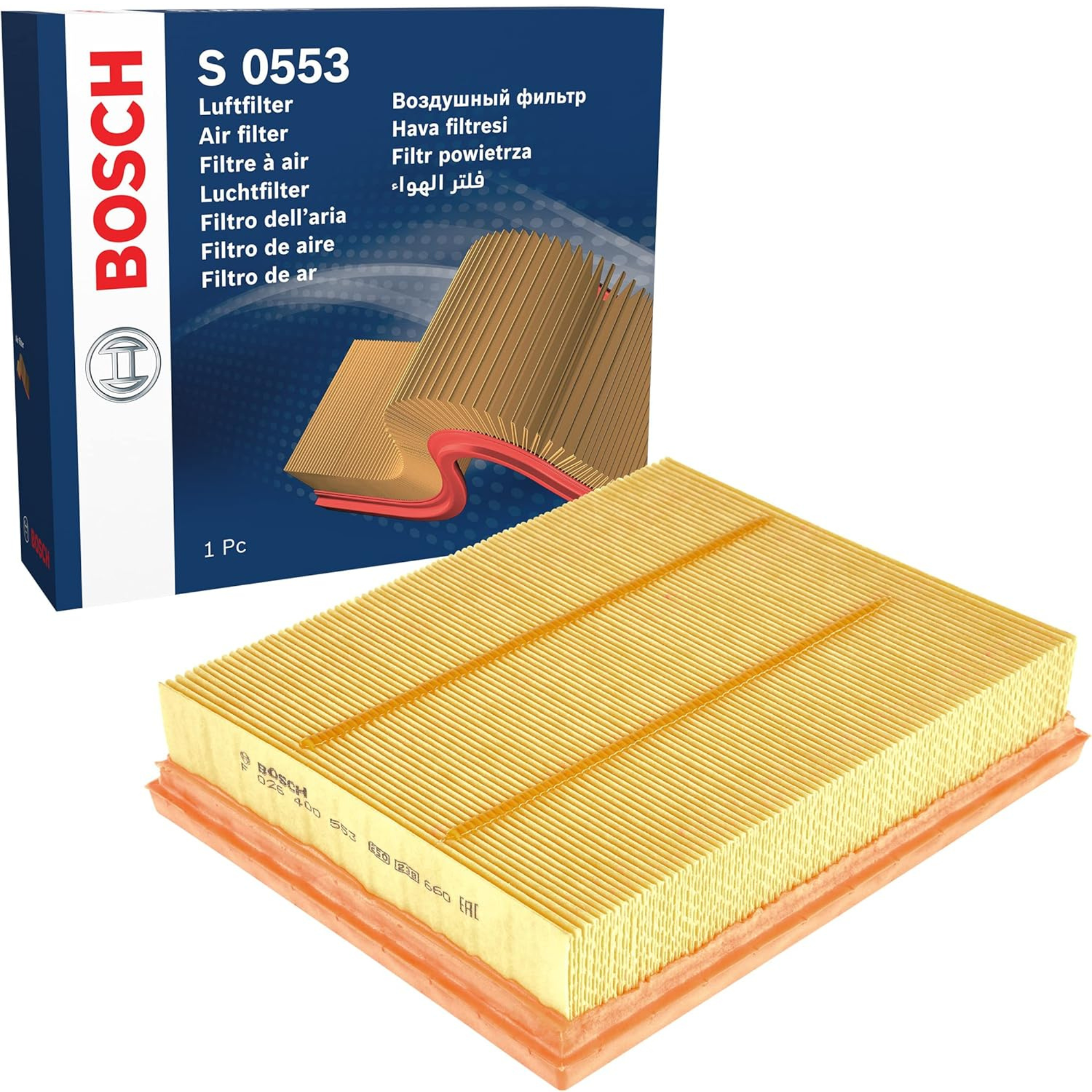 F026400553,S0553,Bosch air filter F026400553 S0553, rectangular automotive engine air filter with pleated paper element and black plastic frame