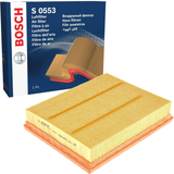 F026400553,S0553,Bosch air filter F026400553 S0553, rectangular automotive engine air filter with pleated paper element and black plastic frame