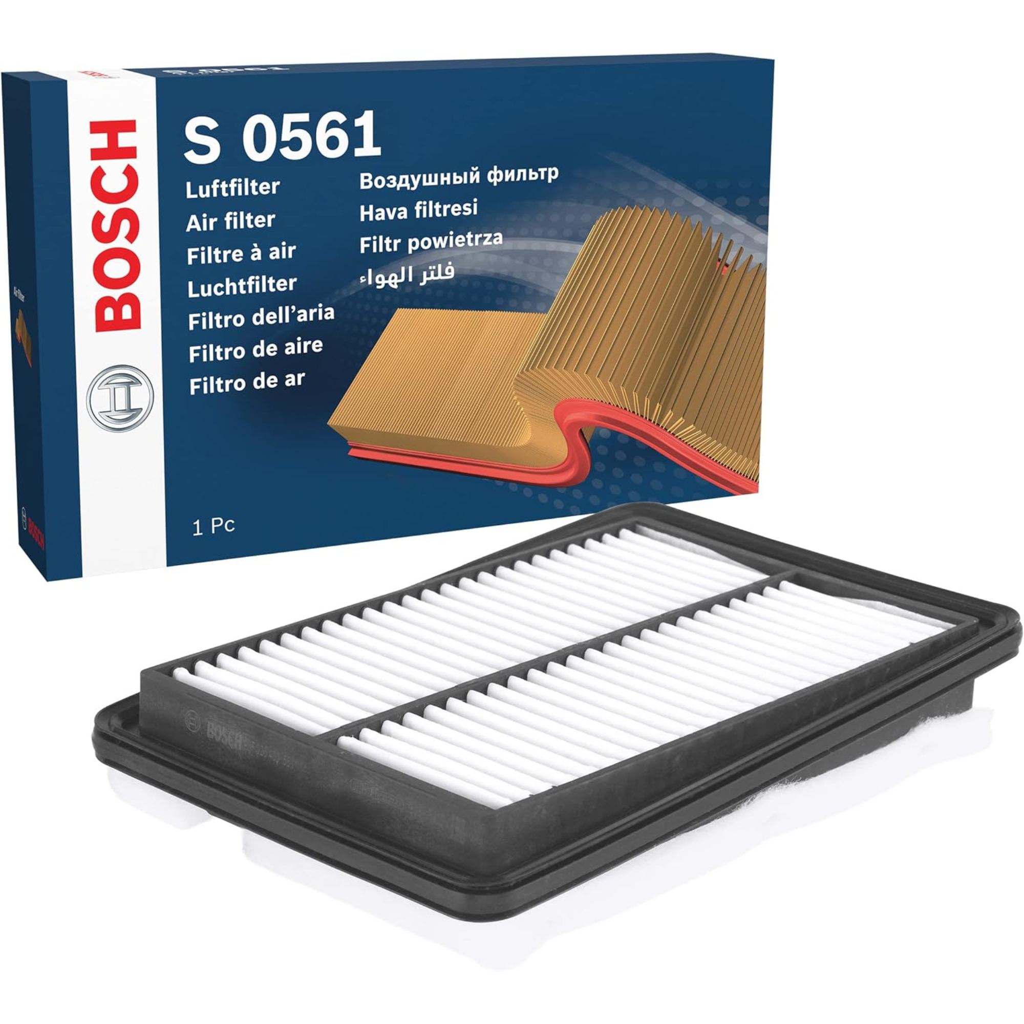 F026400561,S0561,Bosch air filter F026400561 S0561, rectangular automotive engine air filter with pleated paper element and black plastic frame