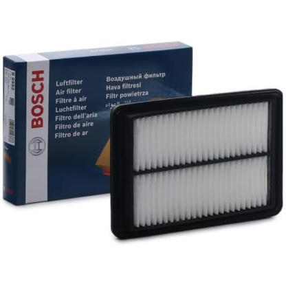 F026400582,S0582,Bosch air filter F026400582 S0582, rectangular automotive engine air filter with pleated paper element and black plastic frame