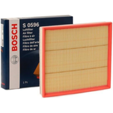 F026400596,S0596,Bosch air filter F026400596 S0596, rectangular automotive engine air filter with pleated paper element and black plastic frame