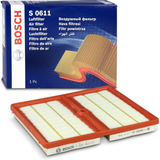F026400611,S0611,Bosch air filter F026400611 S0611, rectangular automotive engine air filter with pleated paper element and black plastic frame