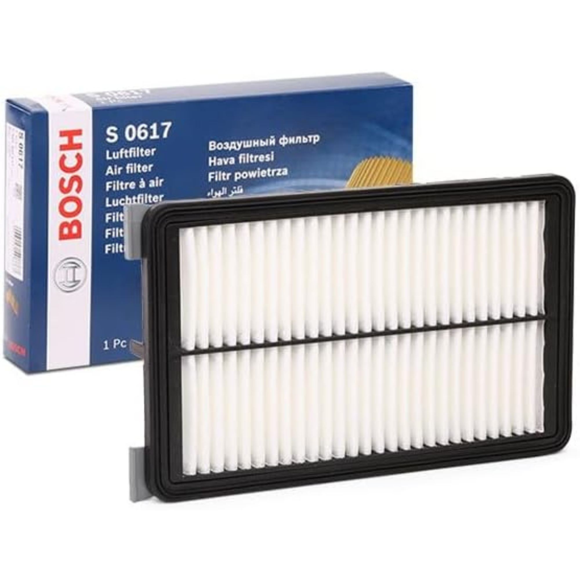 F026400617,S0617,Bosch air filter F026400617 S0617, rectangular automotive engine air filter with pleated paper element and black plastic frame