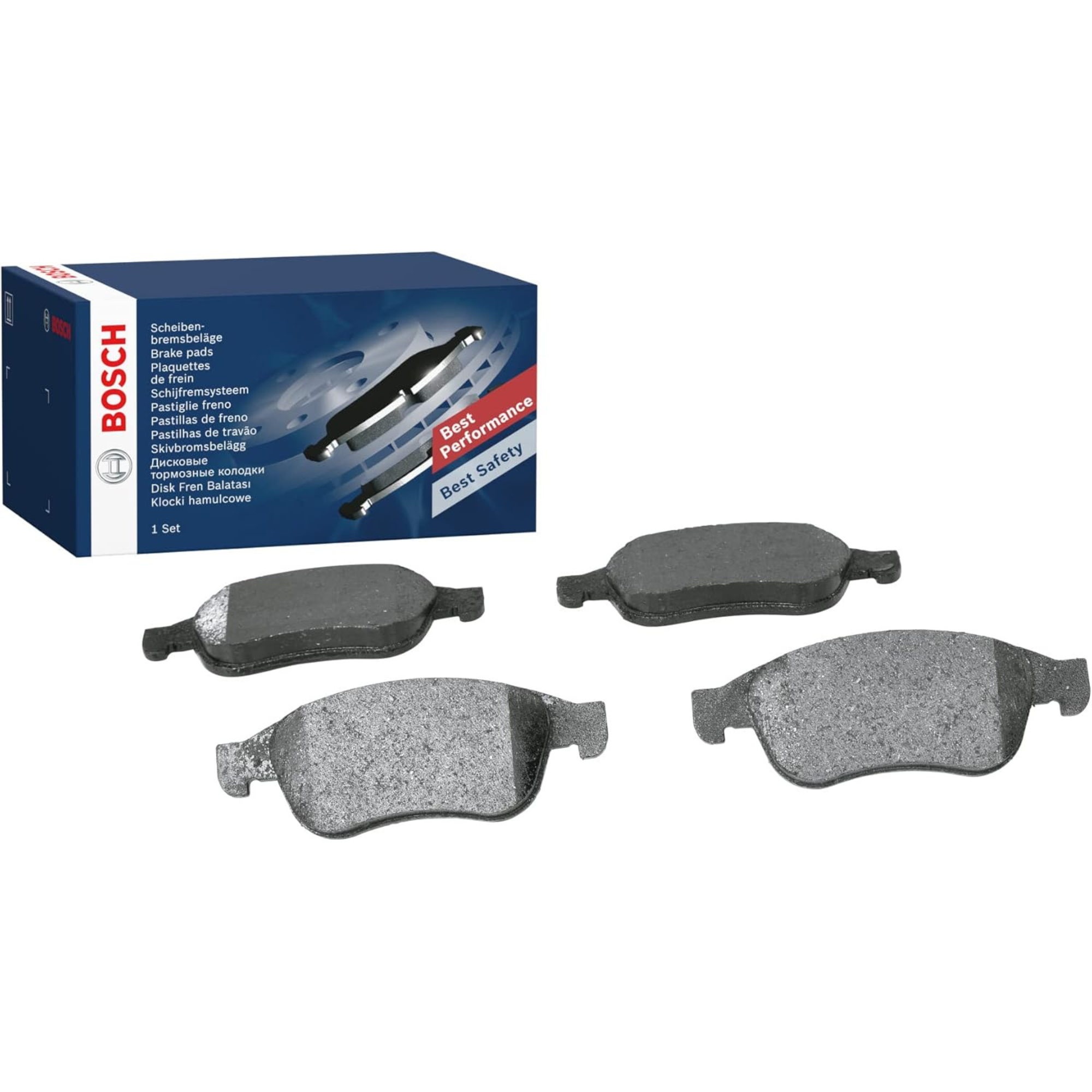 Bosch Brake Pad Set 0986494441 (BP1363), four automotive brake pads on a white background, showing friction surfaces and metal backing plates, designed for car braking systems