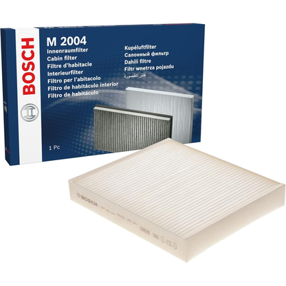 1987432004 - M2004,"Bosch Cabin Air Pollen Filter model 1987432004 (M2004), rectangular automotive air filter with pleated white filtration material and black frame, designed to remove pollen, dust, and other airborne particles from vehicle interiors."