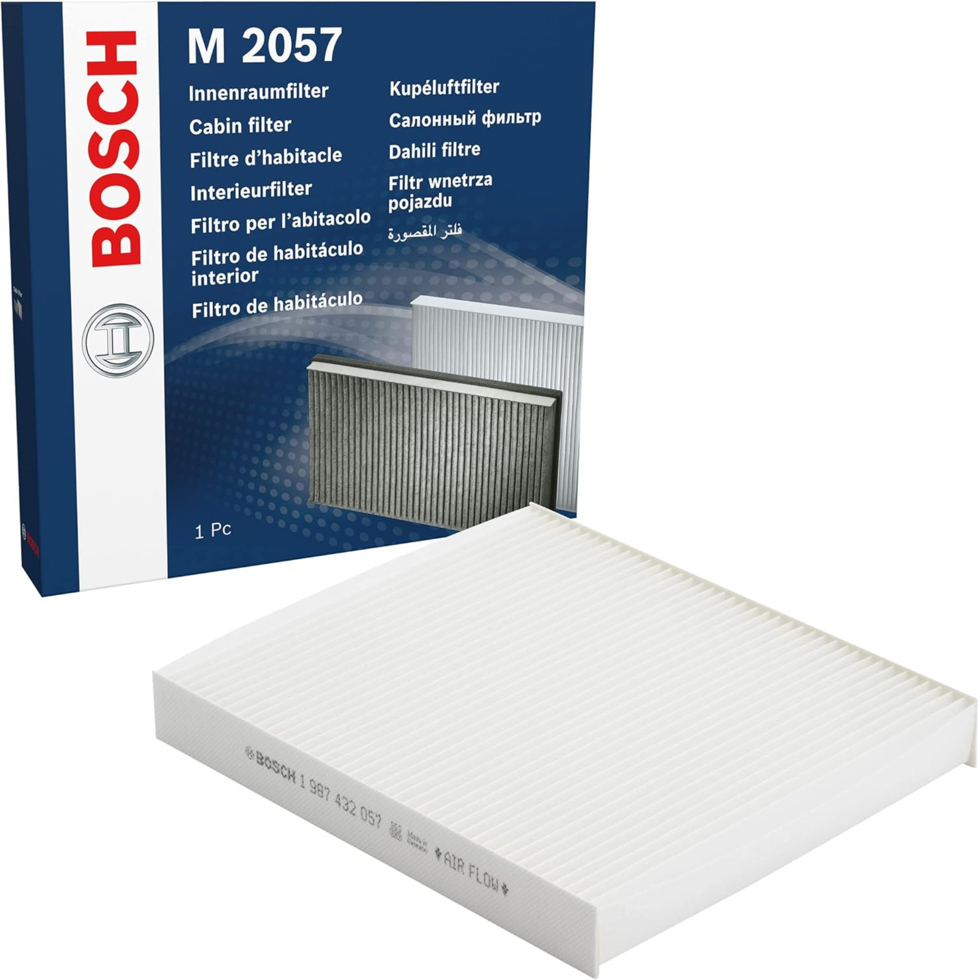 1987432057 - M2057,"Bosch Cabin Air Pollen Filter model 1987432057 (M2057), rectangular automotive air filter with pleated white filtration material and black frame, designed to remove pollen, dust, and other airborne particles from vehicle interiors."