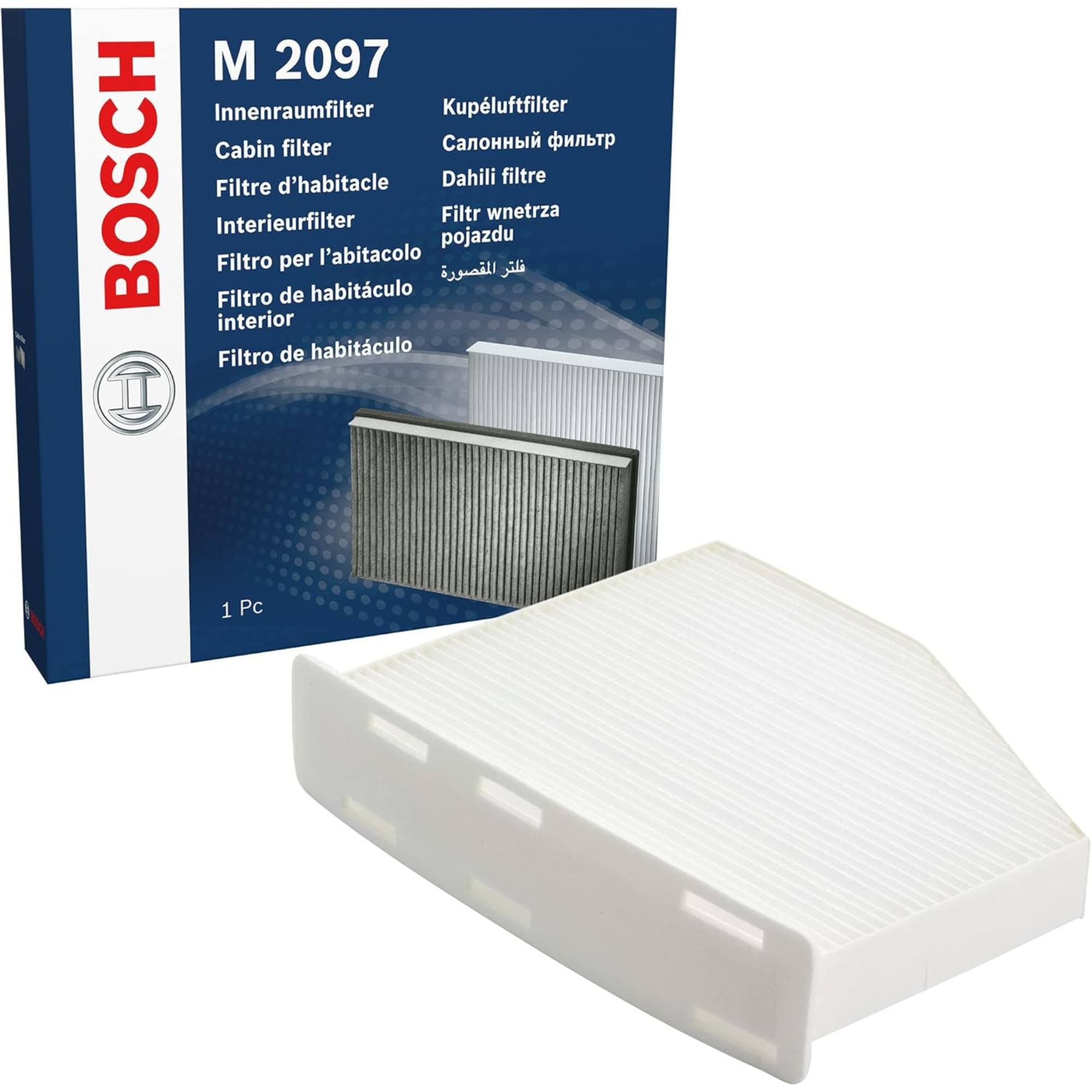 1987432097 - M2097,"Bosch Cabin Air Pollen Filter model 1987432097 (M2097), rectangular automotive air filter with pleated white filtration material and black frame, designed to remove pollen, dust, and other airborne particles from vehicle interiors."