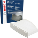 1987432097 - M2097,"Bosch Cabin Air Pollen Filter model 1987432097 (M2097), rectangular automotive air filter with pleated white filtration material and black frame, designed to remove pollen, dust, and other airborne particles from vehicle interiors."
