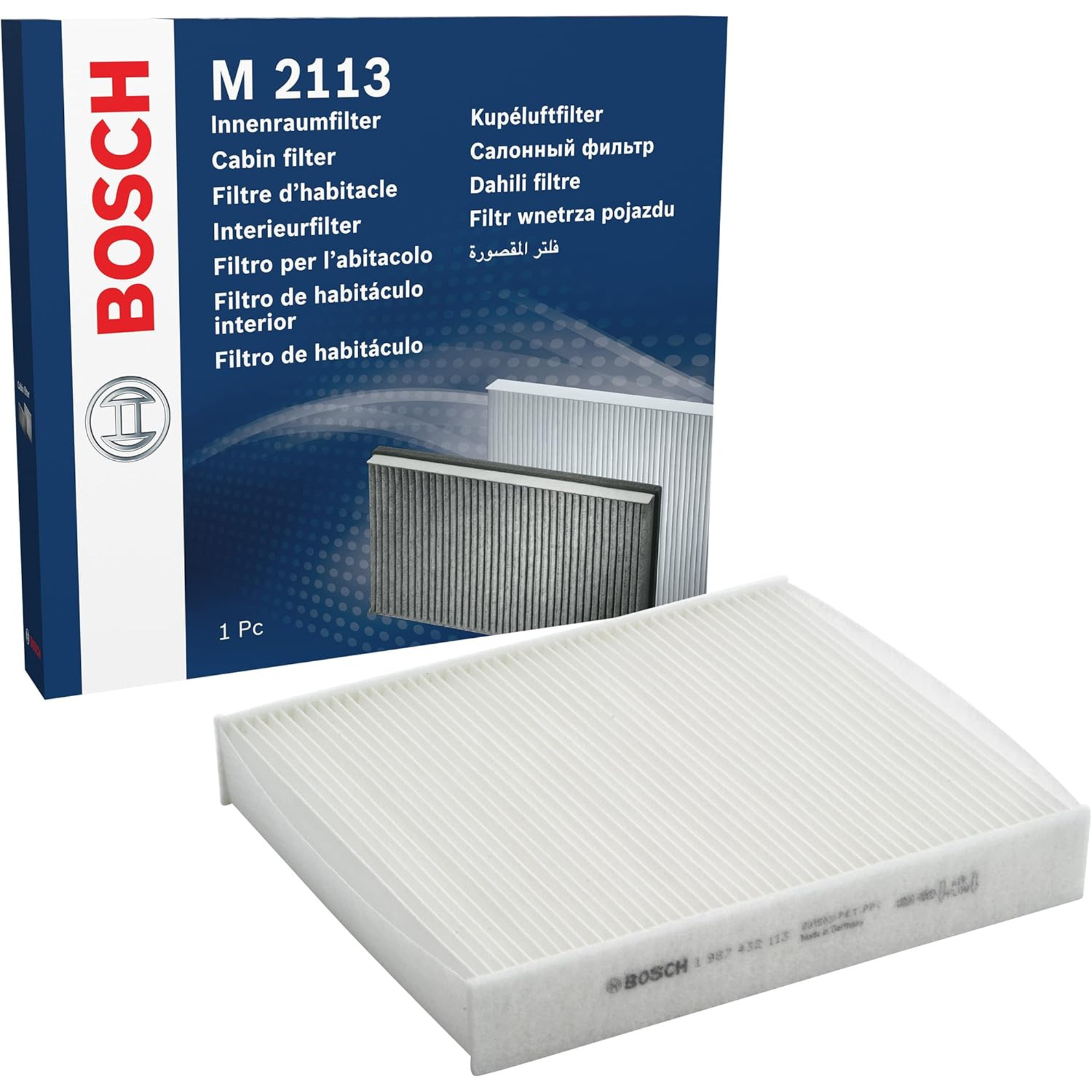 1987432113 - M2113,"Bosch Cabin Air Pollen Filter model 1987432113 (M2113), rectangular automotive air filter with pleated white filtration material and black frame, designed to remove pollen, dust, and other airborne particles from vehicle interiors."