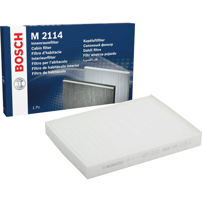 1987432114 - M2114,"Bosch Cabin Air Pollen Filter model 1987432114 (M2114), rectangular automotive air filter with pleated white filtration material and black frame, designed to remove pollen, dust, and other airborne particles from vehicle interiors."