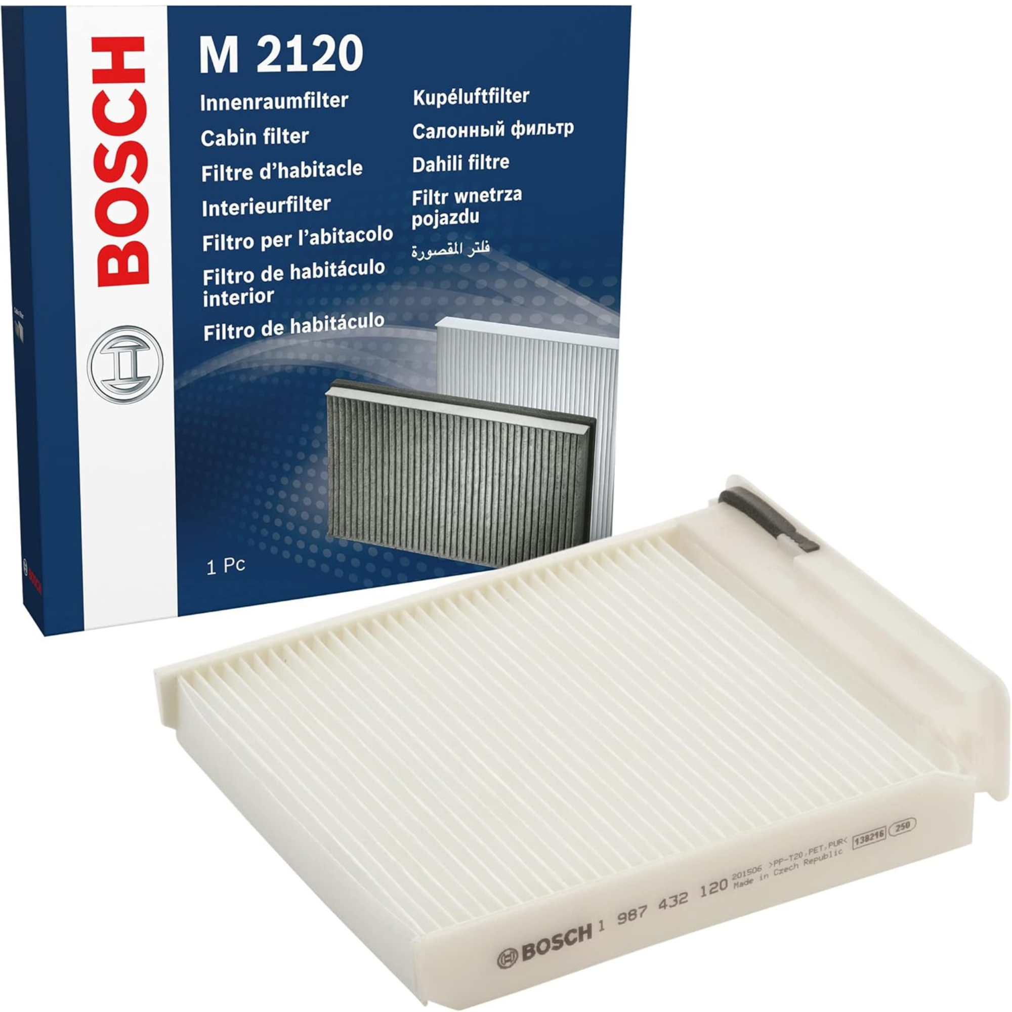 1987432120 - M2120,"Bosch Cabin Air Pollen Filter model 1987432120 (M2120), rectangular automotive air filter with pleated white filtration material and black frame, designed to remove pollen, dust, and other airborne particles from vehicle interiors."
