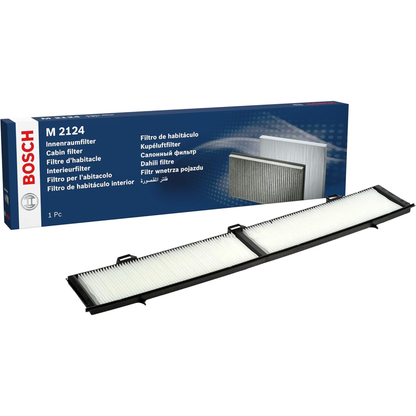 1987432124 - M2124,"Bosch Cabin Air Pollen Filter model 1987432124 (M2124), rectangular automotive air filter with pleated white filtration material and black frame, designed to remove pollen, dust, and other airborne particles from vehicle interiors."