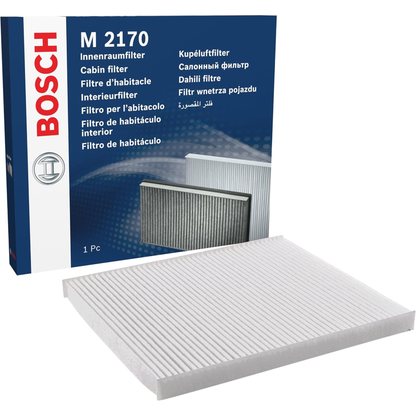 1987432170 - M2170,"Bosch Cabin Air Pollen Filter model 1987432170 (M2170), rectangular automotive air filter with pleated white filtration material and black frame, designed to remove pollen, dust, and other airborne particles from vehicle interiors."
