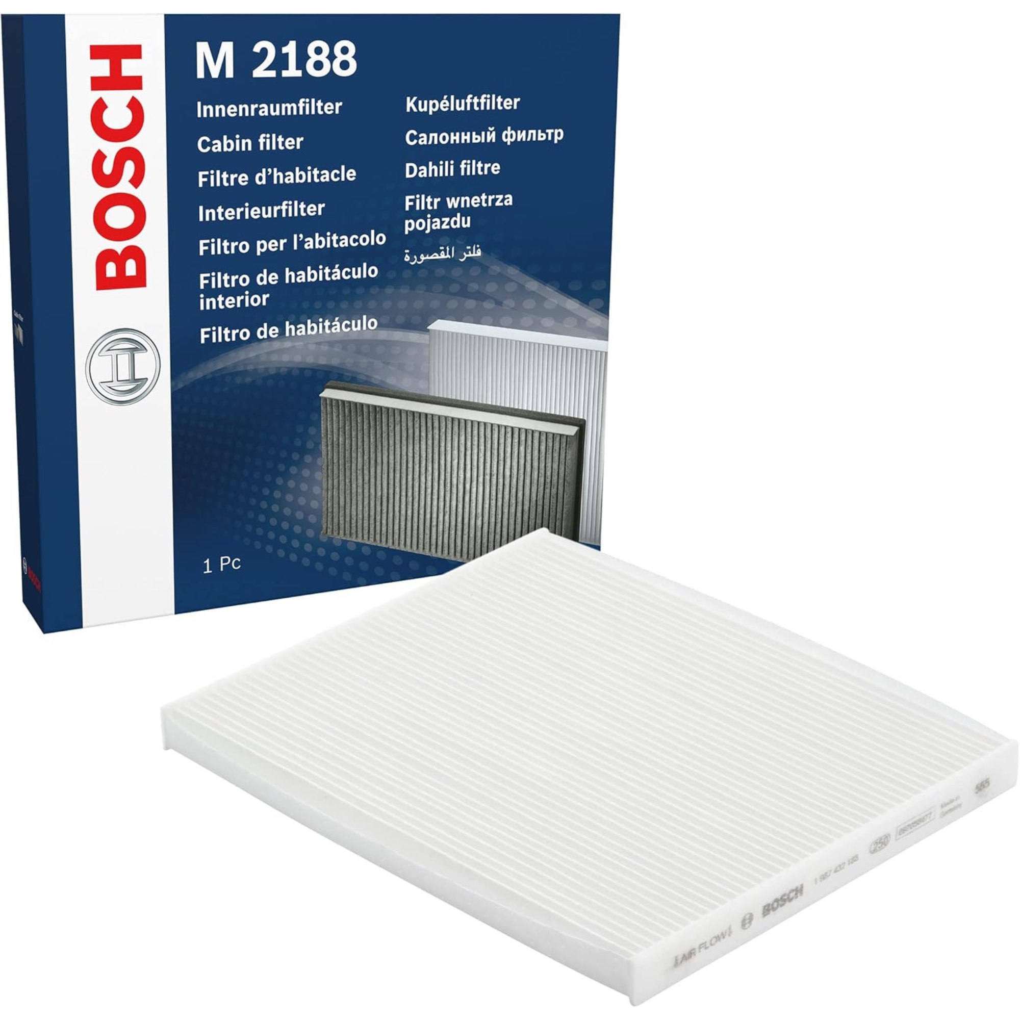1987432188 - M2188,"Bosch Cabin Air Pollen Filter model 1987432188 (M2188), rectangular automotive air filter with pleated white filtration material and black frame, designed to remove pollen, dust, and other airborne particles from vehicle interiors."