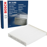 1987432190 - M2190,"Bosch Cabin Air Pollen Filter model 1987432190 (M2190), rectangular automotive air filter with pleated white filtration material and black frame, designed to remove pollen, dust, and other airborne particles from vehicle interiors."